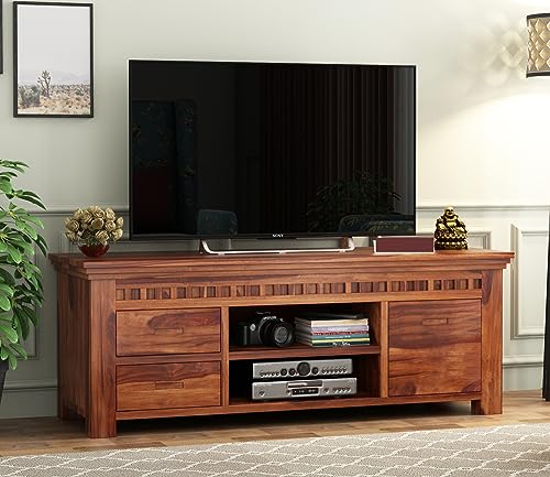 Image of Premium Solid Sheesham Wood TV Unit for Living Room: 2 Drawers, 2 Shelves, and 1-Door Storage - Accommodates up to 50-Inch TV (Declan, Honey Finish)