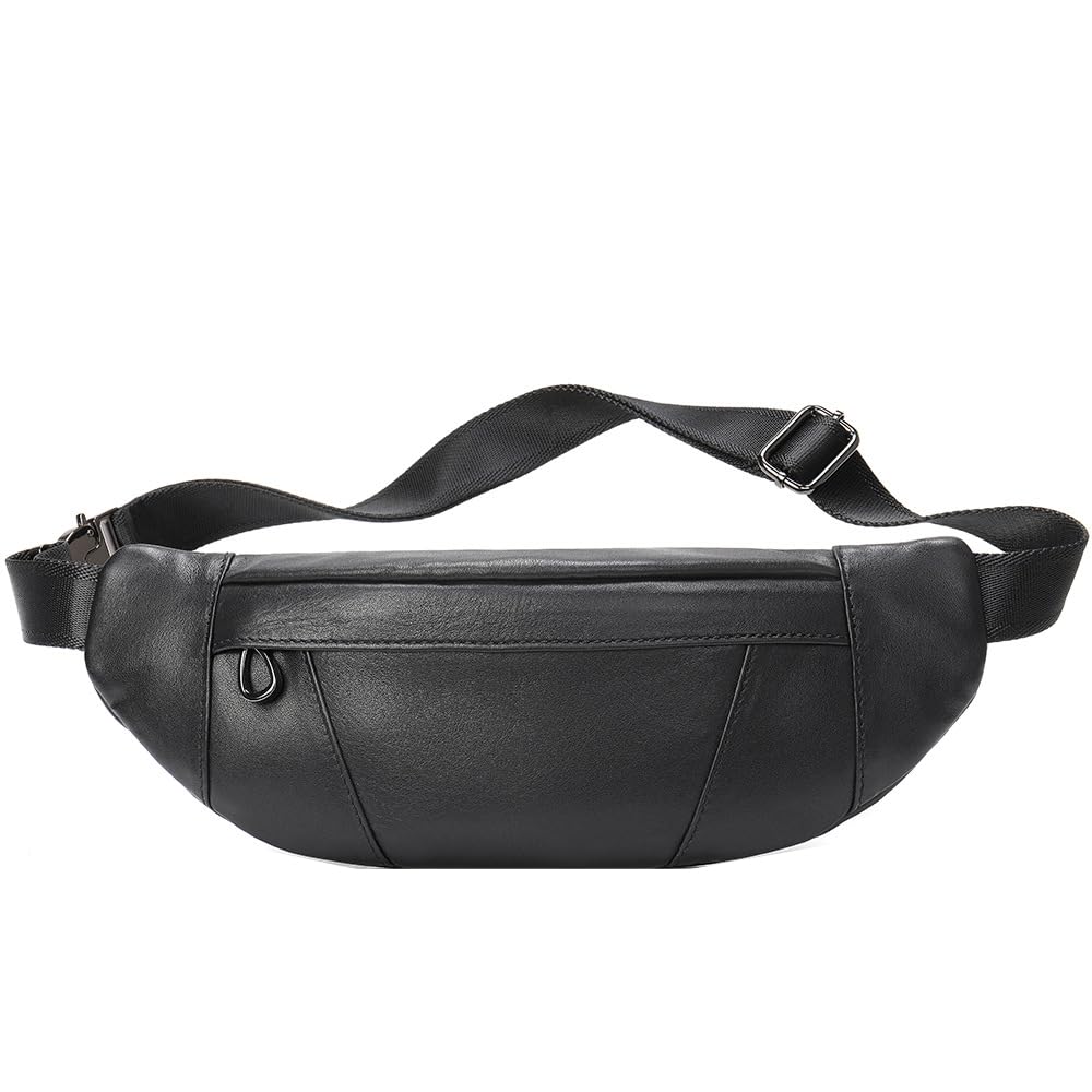 Genuine Leather Crossbody Chest Bag for Men Outdoor Waist Pack Adjustable Shoulder Strap Black