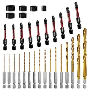 CSOOM 16pcs Twist Drills with 10pcsPH2 Red Impact Batch with 6 Piece Drill Stop Collar Set Positioner for Metal, Steel, Wood, Plastic - Quick Change Design Included