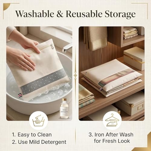 Image of RNTR Cotton Saree Bags /Covers for Storage Set of 24 Big Size Single (16 x 14 Inches) with Zip Closure & Transparent Mesh Window for Clothes Storage and Wardrobe Organizer (Beige)