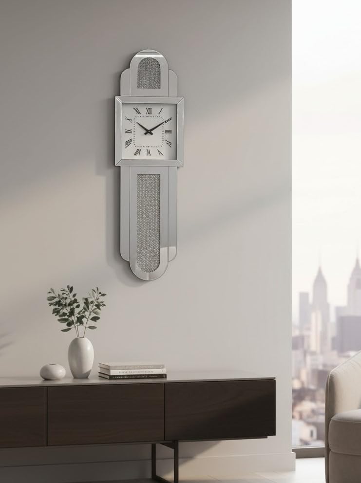 Biznest GrandFather Style Large WALL Clock Sparkly Diamond Crush Crystal Silver Mirrored