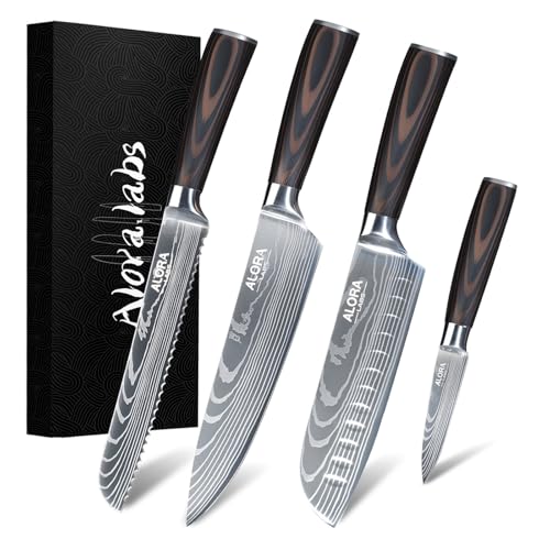 ALORA LABS Professional Japanese Chef Knife Set?4 Piece Ultra Sharp High Carbon Stainless Steel Kitchen Knives with Pakkawood Handle Ergonomic Design ?Rust Resistant Durable Culinary Tools