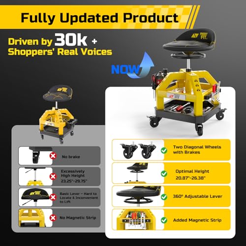 Image of Rolling Shop Stool for Garage with Casters, DO02-Adjustable Height 360 Swivel Shop Seat with Tool Tray Storage, 330 LBS Capacity Padded Mechanic Stool, Magnetic Tool Hold, Heavy Duty,Yellow