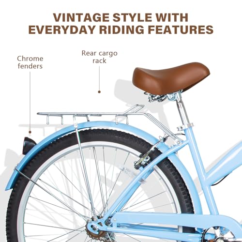 Image of WEIZE Beach Cruiser Bike, 24 & 26 inch Commuter Bicycle for Adult Men and Women,High-Carbon Steel /Front & Rear Fenders, Comfortable City Bikes with Rear Rack or Basket, Ergonomic Upright Design