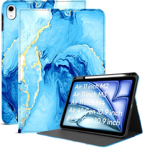 Image of Robustrion Case Cover for iPad Air 11 inch M4 / M3 / M2 (2024 /2025) / iPad Air 5th Generation Cover / 4th Gen 10.9 inch with [Pencil Holder Right Side] [Auto Sleep Wake] Folio Cover Case - Ocean Blue