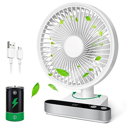 CONBOLA Rechargeable Battery Operated Fan, Oscillating Desk Personal Table Fan Strong Airflow Quiet Operation 4 Speed Fan Dual Adjustable Angle with LED Display for Home Office Bedroom Desktop