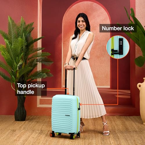 Image of Nasher Miles Cairo Hard-Sided Polypropylene Cabin Luggage 20 inch | 55cm | 8 Wheels Small Trolley Bag for Travel | Suitcase (Pastel Green & Neon)