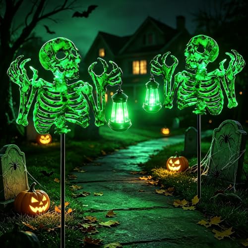 Image of VOOKRY Halloween Skeleton Lantern Decor, Glow in The Dark Iron Skull | With Fluorescent Luminous Body & Mini Hand Lantern, Outdoor Yard Lawn Patio Spooky Decorations, Halloween Party Props Gifts