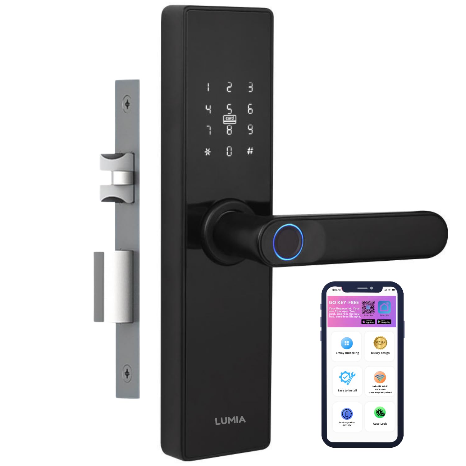 LUMIA Smart Door Lock 6-Way Unlocking Fingerprint, WiFi, Mobile App, OTP, Password, NFC Card and Manual Key Access Biometric Door Lock for Home,Office,Apartment (Black) (B0DGV2F9GC) Amazon Price History, Amazon Price Tracker