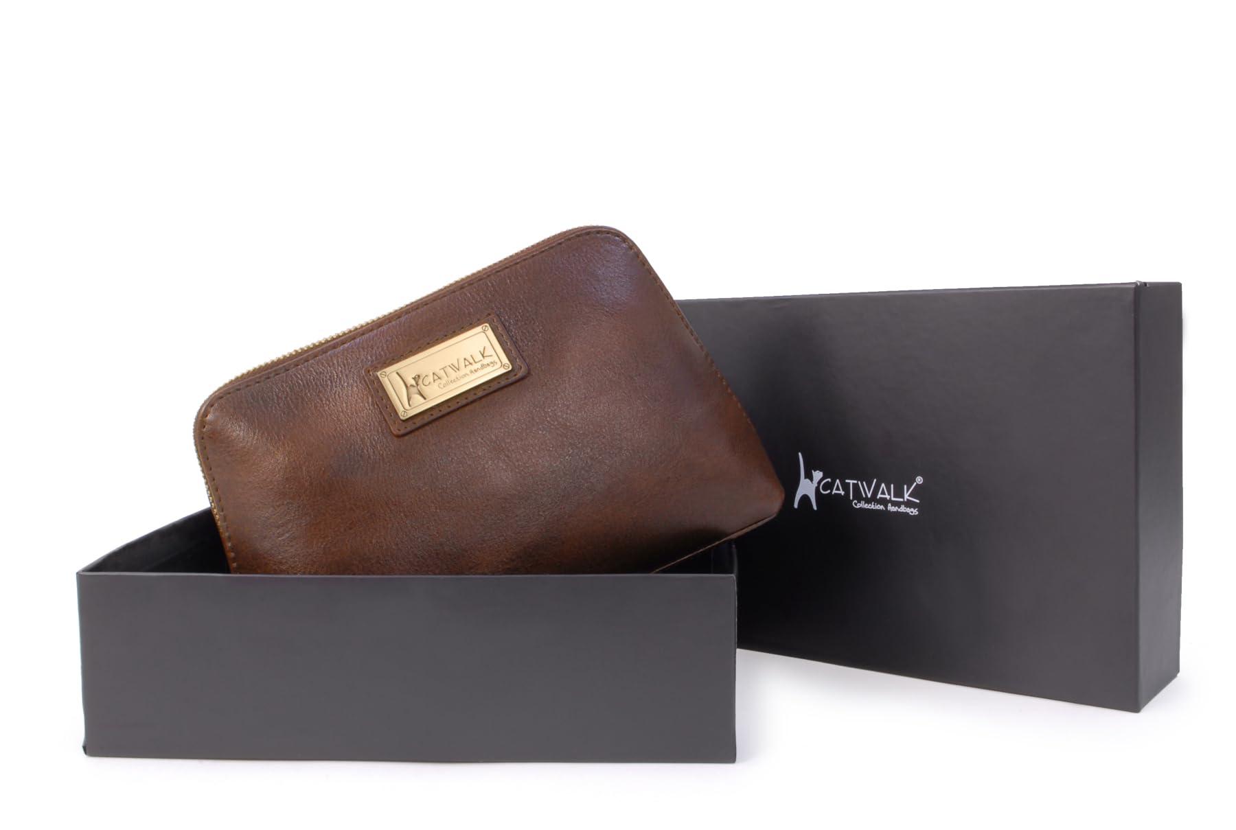 Catwalk Collection Handbags - Estuche de Maquillaje Mediano de Piel - Neceser de Viaje de Mujer - Bolso de Aseo - Caja de Regalo - Emma - Marrón