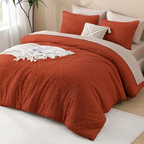 Image of Andency Full Size Comforter Sets Burnt Orange, Boho Lightweight Full Bed Set, Terracotta Fluffy Bedding Set & Collections, 3 Pieces Rust Tufted Design (79x90Inches, 1 Comforter and 2 Pillow Shams)