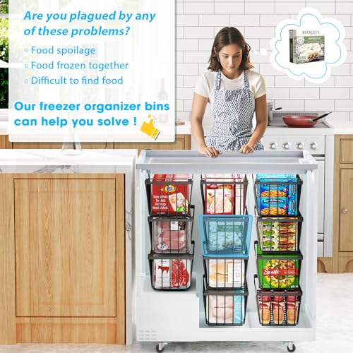 Image of SUNALLY Freezer Organizer Bins, 4 Pack Stackable Chest Freezer Organizer for 5-7 Cu.FT Deep Freezer Sort Frozen Meats and Food, Freezer Storage Baskets with Handles Easy Reach from Bottom, Black