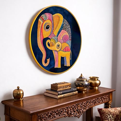 Image of Modern Abstract Elephant Gond Round Framed Wall Art Painting For Living Room | Indian Folk Vastu Elephant Wall Art Painting With Frame for Home, Bedroom & Office, 16 Inch