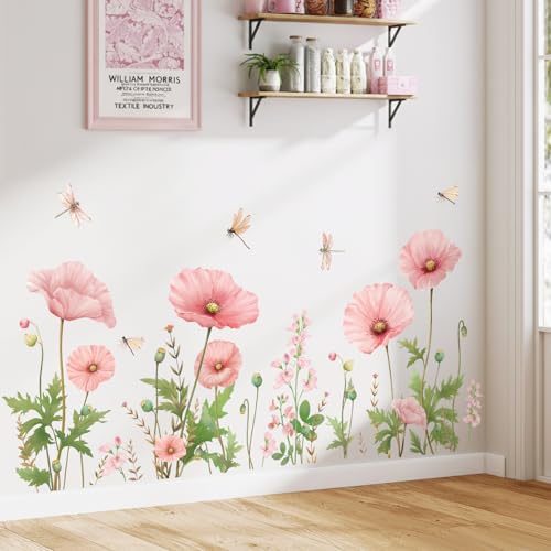 SHUCHING Stickers Muraux Fleurs Roses Aquarelles, Autocollants Muraux Fleurs Coquelicots, Décoration Murale pour Chambre Salon Salle de Bain