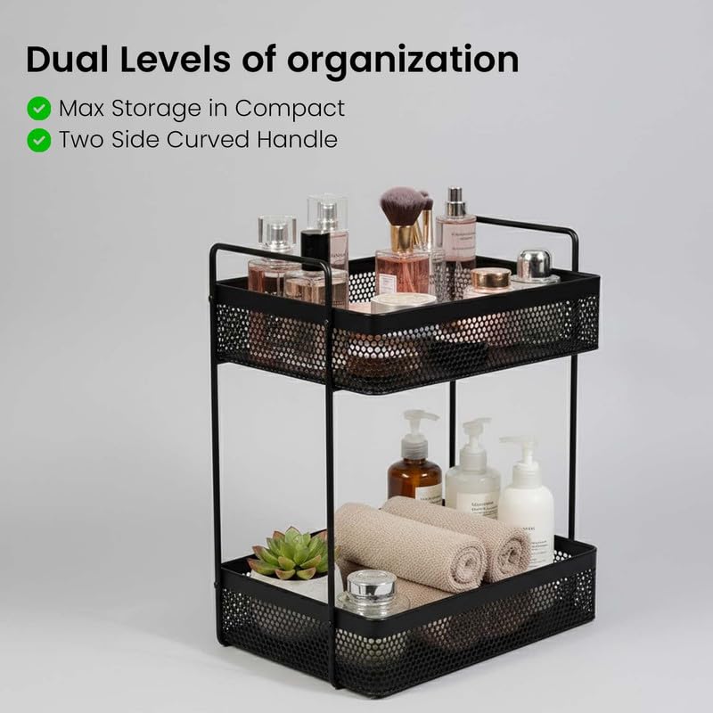 Image of Go Hooked Metal Standing Rack 2-Tier Countertop Organizer | Spices Organizer | Bathroom Essentials | Vanity Storage | Decorative Use | Cosmetic Makeup Storage (Black)