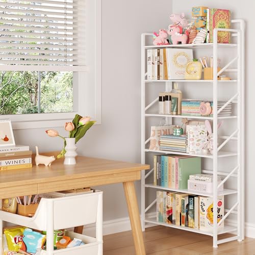 Image of JSB No Assembly Folding Bookshelf, 6 Tier Industrial Metal Book Shelf for Storage, Vintage Wood Foldable Bookcase for Living Room, Bedroom, Office Organization Shelves