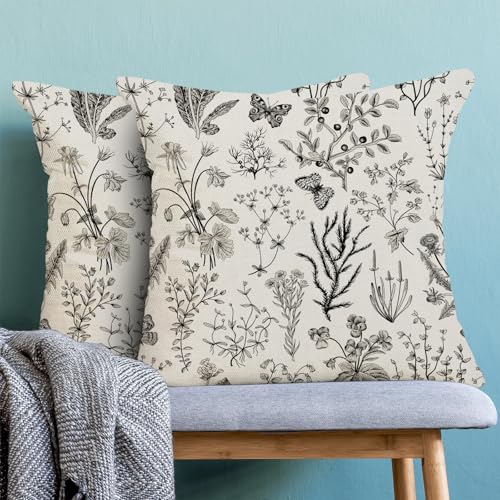 Image of AEIOAE Spring Pillow Covers 24x24 Inch Set of 2,Black Gray Wild Flower Plant Throw Pillows Case,Seasonal Floral Outdoor Decorative Square Linen Farmhouse Decor Cushion Covers for Home Sofa Bed Couch
