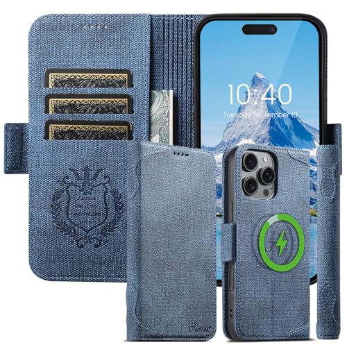 Housse iPhone 15 Pro Max bleu avec rabat magnétique et clapet portefeuille