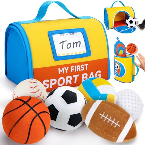 teytoy My First Sports Bag for Baby,Stuffed Plush Playset with Soft Basketball,Baseball,Football,Soccer,Golf Ball,Rugby,Volleyball Baby Birthday Gift Toys for 1 Year Old Boys Girls