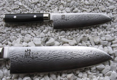 Yaxell Damascus - Juego de cuchillos japoneses (de cocina largo y Santoku más afilador)