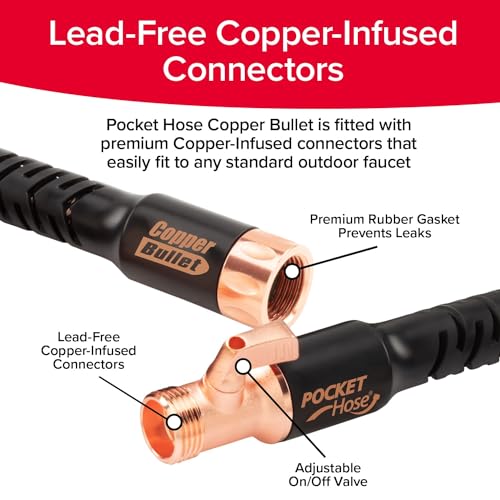 Pocket Hose Copper Bullet Expandable Garden Hose 100 FT w/10 Pattern Thumb Spray Nozzle AS-SEEN-ON-TV 650psi 3/4 in Patented Lead-Free Ultra-Lightweight Solid Copper Anodized Aluminum FittingsNo-Kink