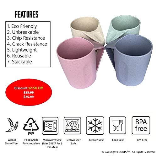 Euodia Wheat Straw Plastic Coffee Cups / Mugs With Handles (Sets For 4) - Dishwasher & Microwave Safe - Unbreakable / Nonbreakable, Lightweight, Eco-Friendly & Bpa Free -Kids,Toddlers,Adults & Elderly #TOP5