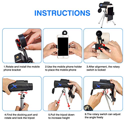 12X50 High Power HD Monocular Telescope with Smartphone Holder & Tripod,Waterproof Monocular with Durable and Clea Focus for Bird Watching, Travelling,Hunting,Hiking, Camping, Concerts