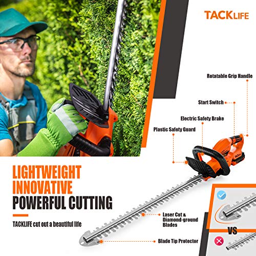 TACKLIFE Cordless Hedge Trimmer, 22-Inch Hedge Trimmer, 20V Battery and Charger Included, Rotating Rear Handle, 0.74-in Cutting Gap, with Blade Cover, for Hedges, Shrubs and Bushes Cutting-DHT1A