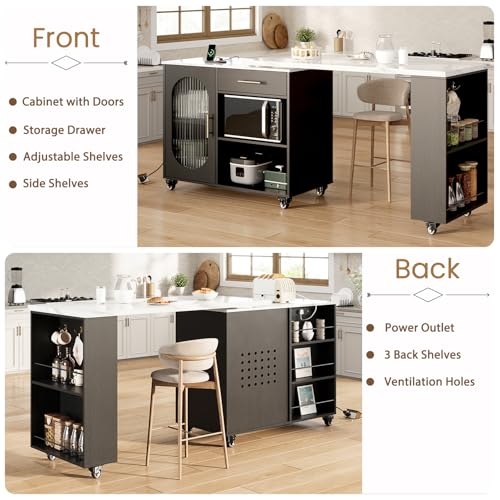 Image of HSH 71 inch Rolling Kitchen Island with Storage Seating on Wheels, White Marble | Mobile Island With 360 Swivel Faux Marble Top, With Power Outlet, Storage Cabinet, Open Adjustable Shelves Fit In Microwave