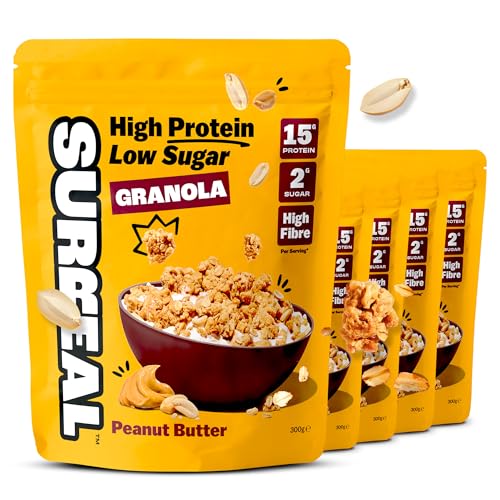 Surreal High Protein Low Sugar Granola - 15g Protein Vegan Snack or Breakfast Cereal - High Fibre Plant-Based Granola Clusters 300 g (5 Packs Peanut Butter)