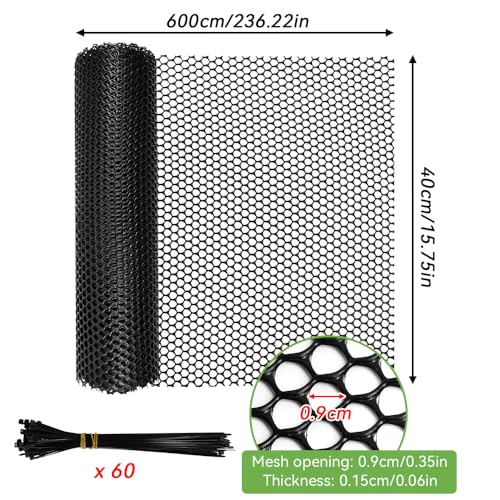 Huucozn Kunststoffzaun Schwarz Kunststoff zaun garten 6M Rasengitter Begrenzungszaun Kaninchendraht 40cm hoch Maulwurfgitter Hochbeet Rasenschutzgitter Kunststoffgitter stabil Fences für Balkon Garten