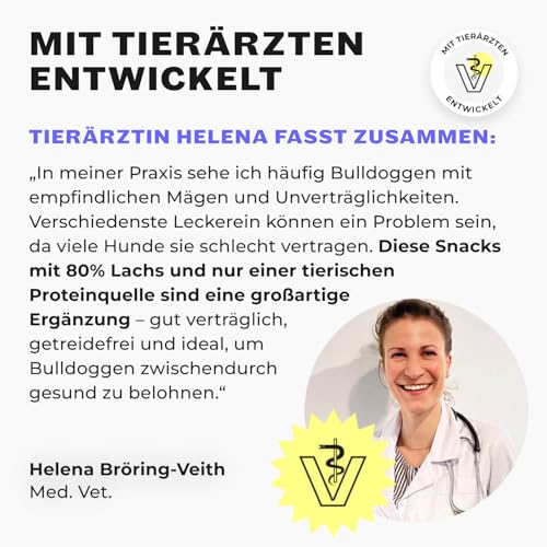 HEY HOLY Premium Hundeleckerlis für Bulldogen 100% getreidefrei | Hunde Snacks | 4 x 150 g Leckerli für ausgewachsene Bulldogen mit Lachs | Hochverträglich aus natürlichen Zutaten