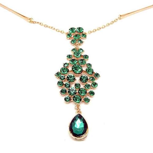 Miniatura 3 de Olbye Diadema de lágrima de diamantes de imitación Tikka verde Tikka cadena de pelo para la frente, joyería para el cabello de boda para mujeres y