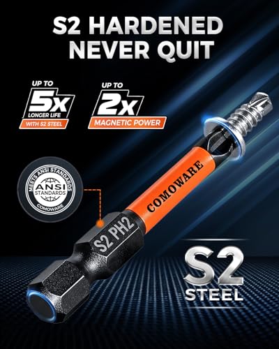 Image of COMOWARE 11pcs Phillips Impact Screwdriver Drill Bits #2, S2 Steel 1 /4 inch Hex Bit Set, Anti Slip Screwdriver Bits, 1-6 inch Length, CNC Tip Magnetic Drill Bit Magnetic Bit Holder for Power Drill