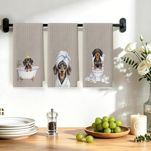 Image of 3 Pcs Funny Dachshund Hand Towel for Bathroom 24x14 Inch, Dachshund Gifts Reusable Dish Cloth Towel, Waffle Weave Hand Towels for Toilet Home Bathroom Decor, Weiner Dog Gifts for Women Mom Friend