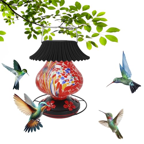 Solar Hummingbird Feeder-5 Feeding Ports with Perch Hand Blown Glass Red Spark Color Changing-Never Leak Multicolor Night Lights Perfect Hummingbird Feeder for Outdoors for Nature Enthusiasts