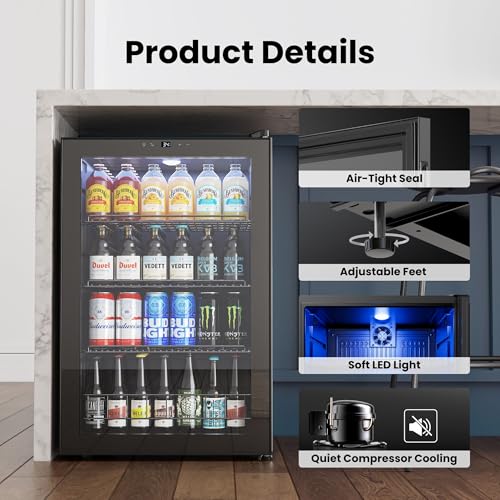 Image of Yeego Beverage Refrigerator, 155 Can Mini Fridge with Glass Door, Adjustable Shelves, Digital Temperature Control 34F-54F, Drink Cooler for Soda, Beer and Wine, Freestanding or Under Counter, Black