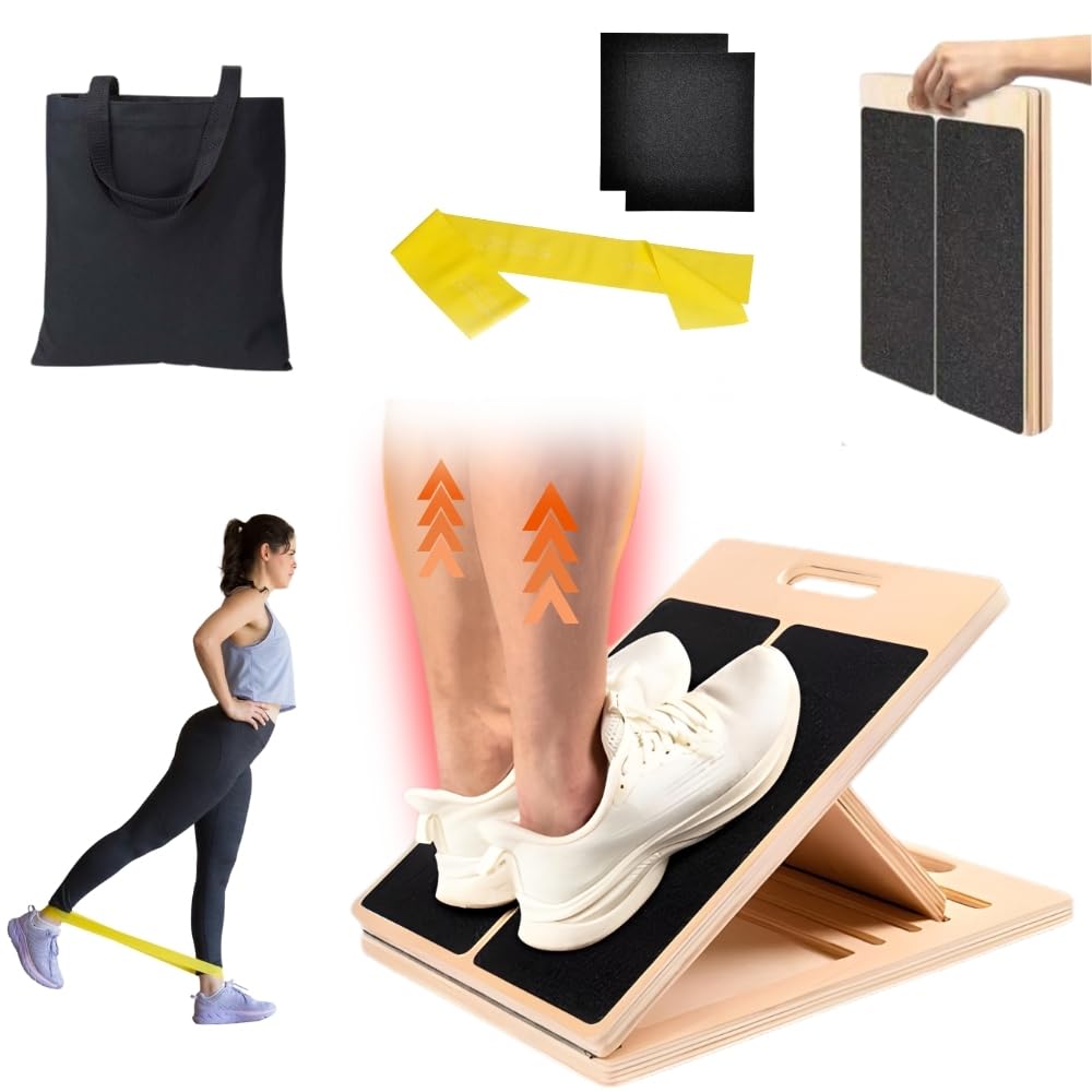 Adjustable Wooden Slant Board for Calf Stretching & Hamstring Flexibility-Professional Incline Balance Board,Calf Stretcher for Home Gym,Squats,Mobility&Rehab+2 Sand Papers,Carry Bag & Mini Loop Band