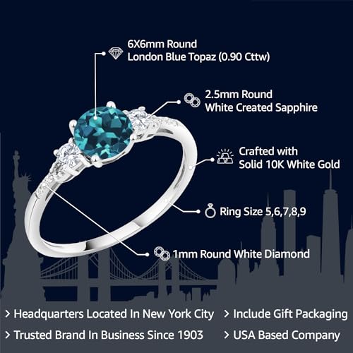 Gem Stone King 10K White Gold London Blue Topaz White Created Sapphire and White Diamond Accent 3-Stone Engagement Ring For Women | 0.90 Cttw | Gemstone November Birthstone | Round 6MM2
