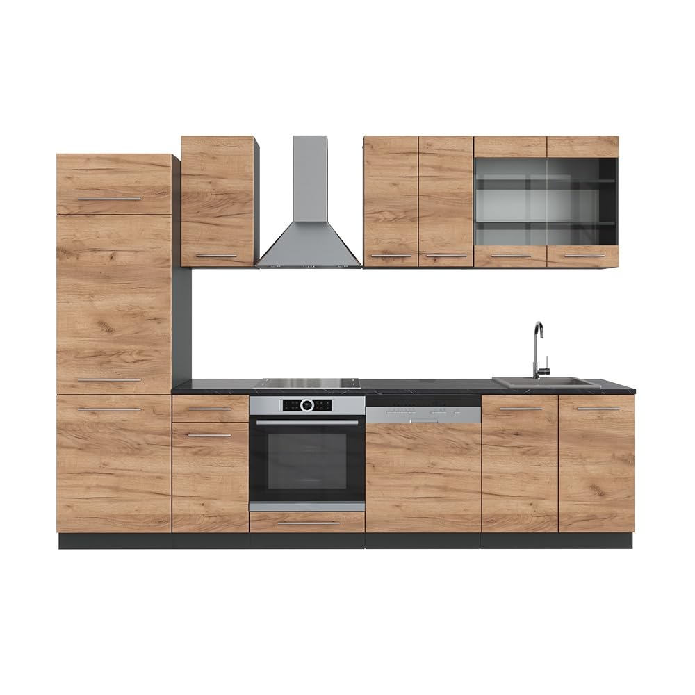 Vicco Küchenzeile Fame-Line, Goldkraft Eiche/Anthrazit, 300 cm | ohne Arbeitsplatte, zur individuellen Erweiterung mit kompatiblen Modulen