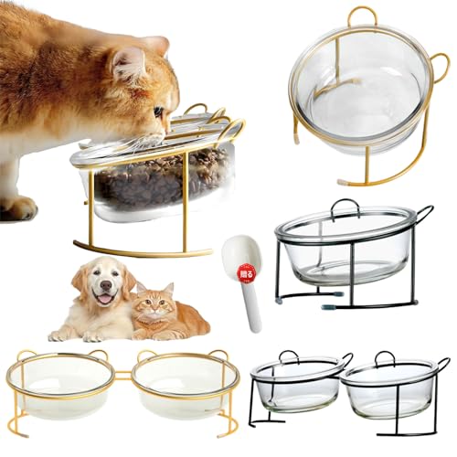 猫用フードボウル ガラス ペットボウル 猫食器 食べやすい 猫 斜め きんぞくフレーム 猫餌入れ 水飲み用 犬猫兼用食器 10.5度の傾斜 首や腰の負担を軽減し 滑り止め 取り外し可能 洗いやすい ペット食器 (ゴールド,シングルボウル)
