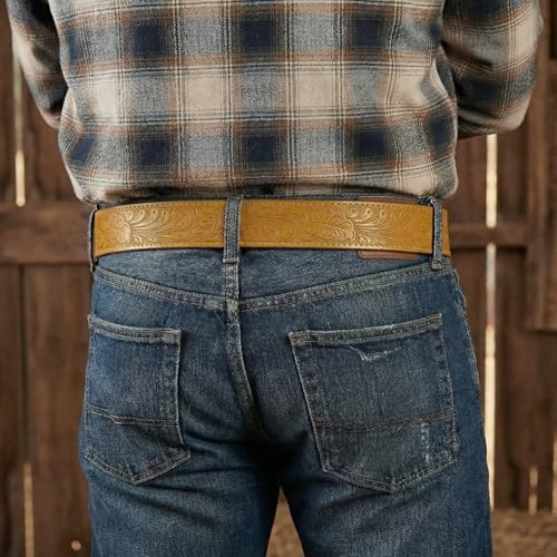 Image of BC Belts Western Leather Belt Strap - 1.5 inch Wide with Embossed Scrollwork Without Buckle for Men & Women, Cowboy /Cowgirl Style