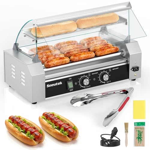 Seeutek Hot Dog Roller 5 Rollers 18 Hot Dogs Capacity 1100W Stainless Hot Dog Toaster, Hot Dog Machine W/Dual Temperature Control Glass Hood Acrylic Cover Warmer Shelf Removable Oil Drip Tray