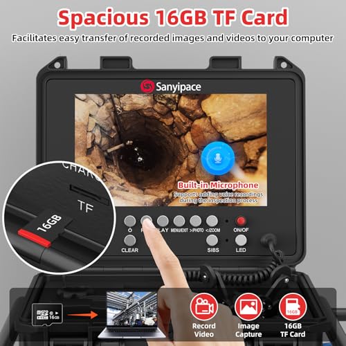 Image of Sanyipace Drain Camera 512Hz, Self-Leveling Sewer Camera with Distance Counter, 5X Zoom, 4500mAh Battery, Waterproof Pipe Camera for Plumbing Duct Home Inspection, 66FT /20M Cable, Included 16GB Card