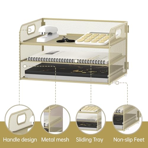 SUPEASY 3-Tier Papier Organizer mit Griff, Mesh Schreibtisch Organizer Brief Tray, Papier Tray Organizer Datei Organizer für A10 Datei Ordner, Goldgelb