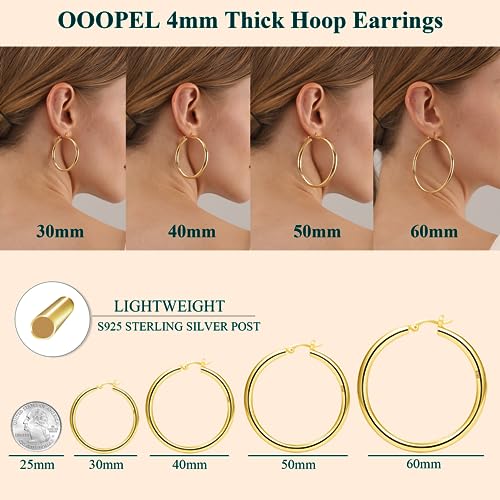 Thick Gold Chunky Hoop Earrings for Women - Hypoallergenic Silver Post - Available in 20/30/40/50/60mm