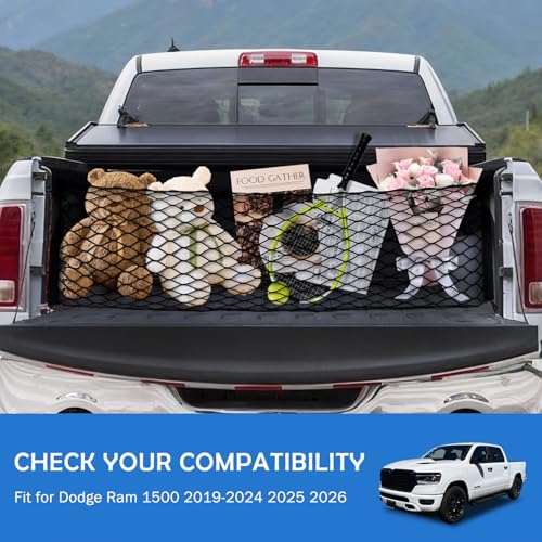 Image of Envelope Style Truck Bed Cargo Net for Dodge Ram 1500 2019-2026 Accessories, Rear Trunk Mesh Cargo Net, Upgraded 5mm Bungee & Double-layer Nylon Storage Tailgate Netting Grocery&Tools Holder Organizer
