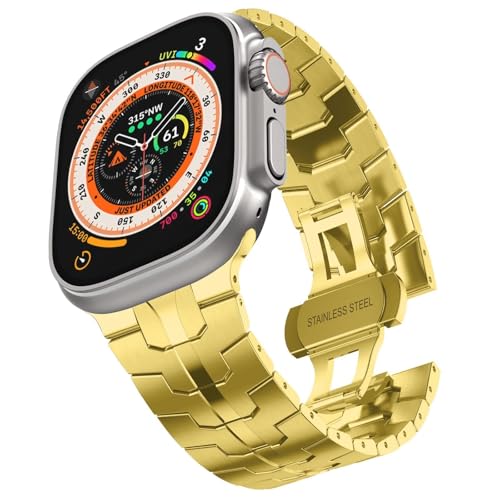 JDIME Stainless Steel Band for Apple Watch Ultra 2 Band 49mm 45mm 44mm 42mm, Metal Strap with Folding Clasp for Apple Watch Series 9 8 7 6 5 4 3 2 1 Ultra/Ultra 2 Men(Gold)