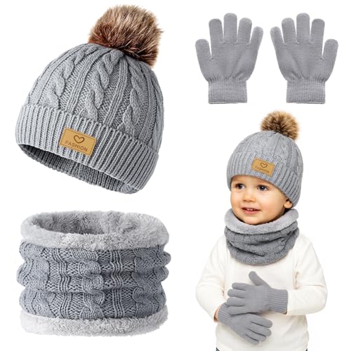 Winmany 3PCS Niños Invierno Gorros Guantes Bufanda Conjunto Niño Polar Cuello Calentador Gorro con Pom Conjunto de Mitones de Punto para Niña Niño (Gris)