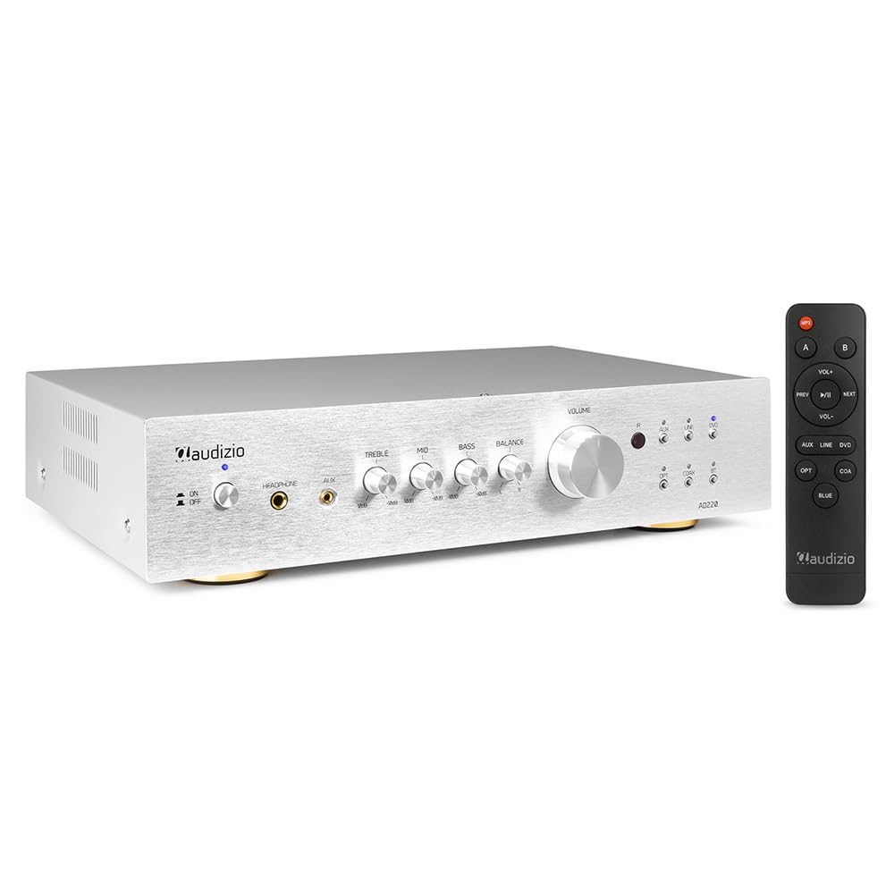 Audizio AD220A Amplificador estéreo Hi-FI de 400w y Bluetooth, 1 Salida subwoofer, Salida óptica y coaxial, 2 Salidas de Altavoz, MP3, Ideal para Ver peliculas o Escuchar tu música, Color Aluminio